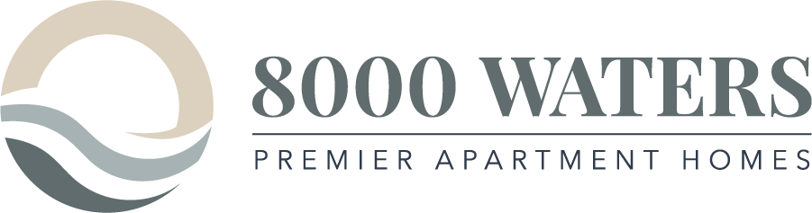 The image is a logo for 8000 Waters, a premier apartment homes company.