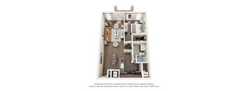 A 3D floor plan of a small apartment with a kitchen, living room, and bathroom.