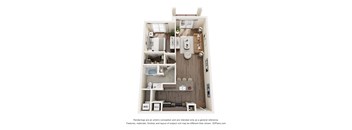 A 3D floor plan of a small apartment with a kitchen, living room, and bathroom.