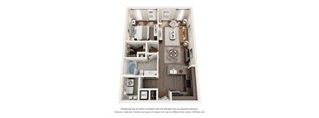 A 3D floor plan of a house with a kitchen, living room, and bathrooms.
