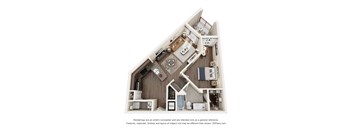 A 3D floor plan of a house with a kitchen, living room, and bathroom.