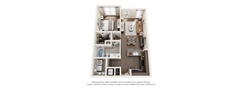 A 3D floor plan of a small apartment with a kitchen, living room, and bathroom.
