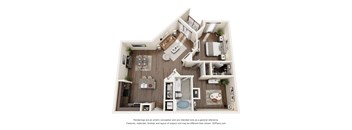 A 3D floor plan of a house with a kitchen, living room, and bathroom.