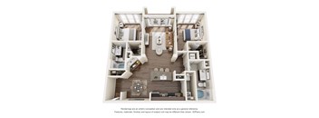 A 3D floor plan of a house with two bedrooms, a living room, a kitchen, and a bathroom.