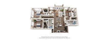A 3D floor plan of a multi-bedroom apartment.