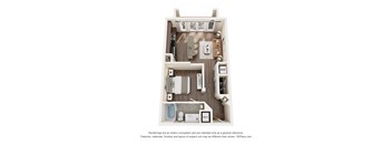 A 3D floor plan of a small apartment with a kitchen, living room, and bathroom.