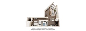 A 3D floor plan of a house with a kitchen, living room, and bathroom.