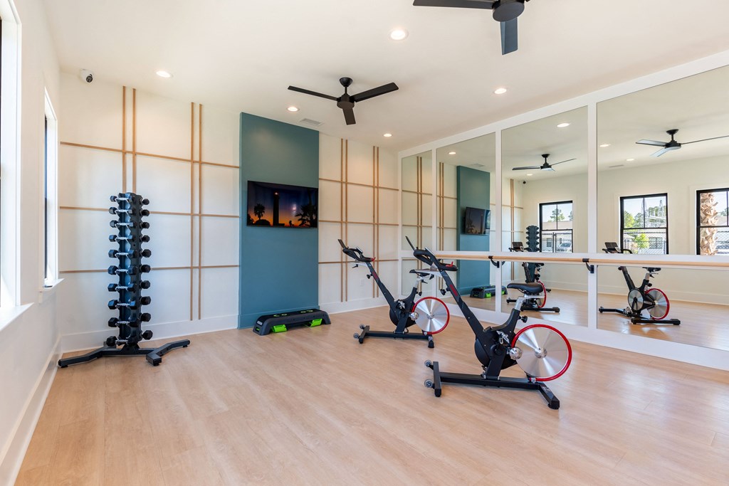 a gym with treadmills and weights and a bike in the corner