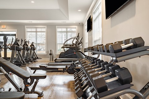 a gym with rows of weights and a tv on the wall