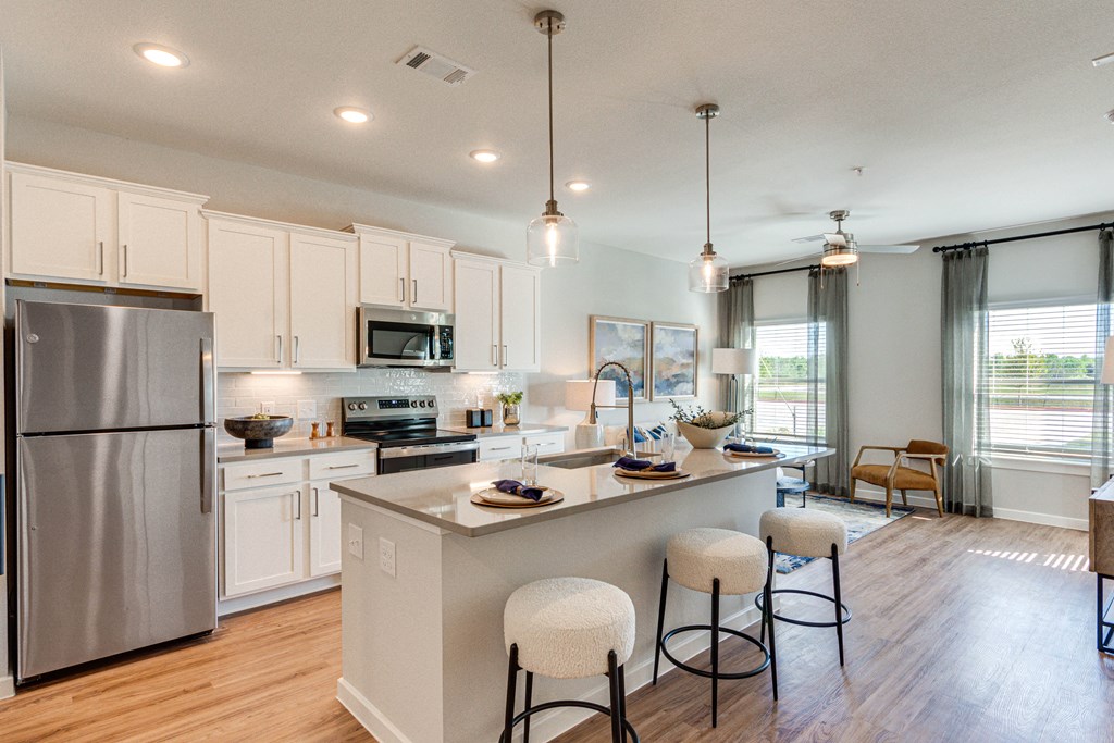 Modern Apartment Kitchen with Stainless Steel Appliances and Quartz Countertops
