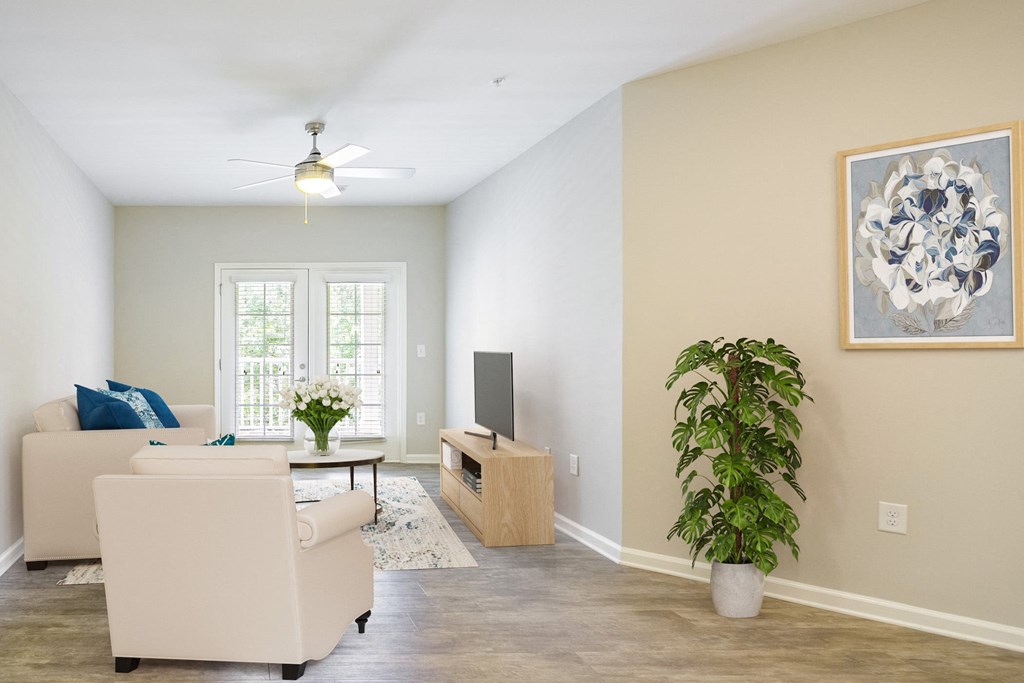 a living room with a couch and a television