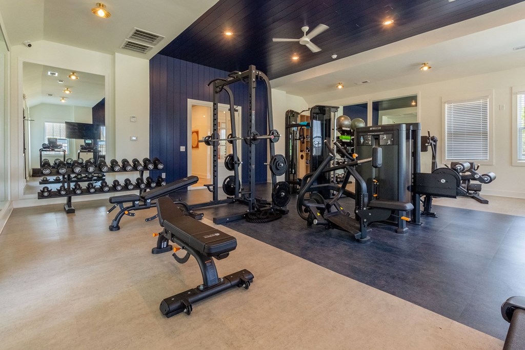 a home gym with weights and cardio equipment