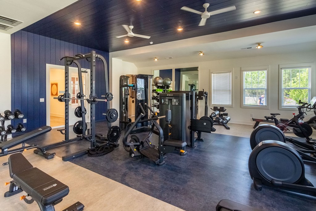 a home gym with weights and cardio equipment