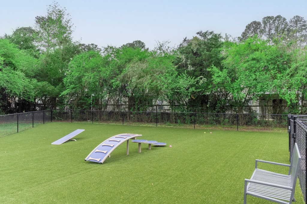 a large grassy area with a fence and lounge chairs
