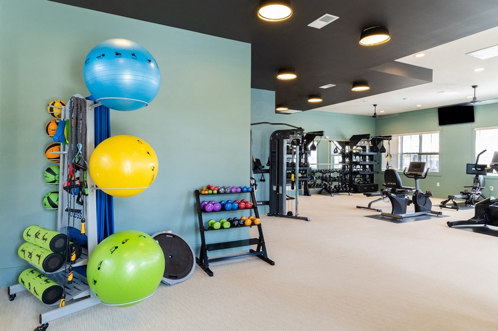 a large fitness room with weights and other exercise equipment