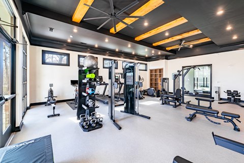 A spacious gym with a variety of equipment.