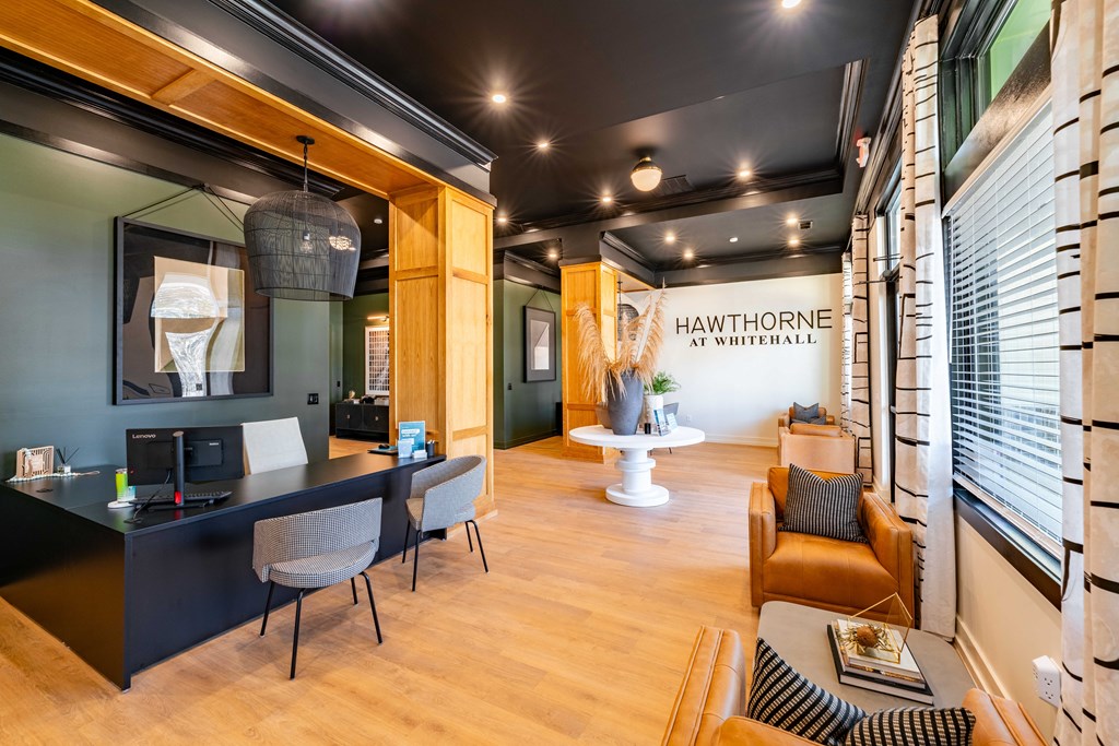 A modern office space with a black desk and chairs, a wooden cabinet, and a white table with a plant on it.