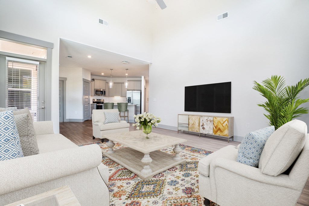 a living room with couches and a coffee table and a television