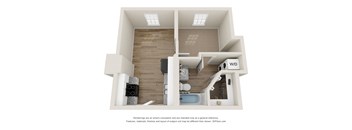 a rendering of a 1 bedroom floor plan with a bathroom and a living room