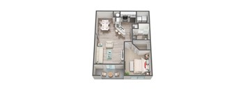 A top-down view of a small apartment with a kitchen, living room, and bedroom.