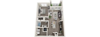 A 3D floor plan of a small apartment with a kitchen, living room, and bathroom.