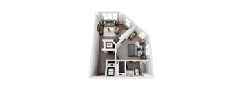 A top-down view of a small apartment with a kitchen, living room, and bathroom.