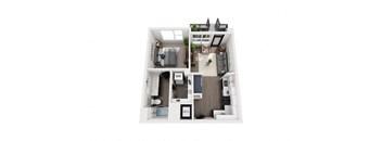 A top down view of a small apartment with a kitchen, living room, and bathroom.