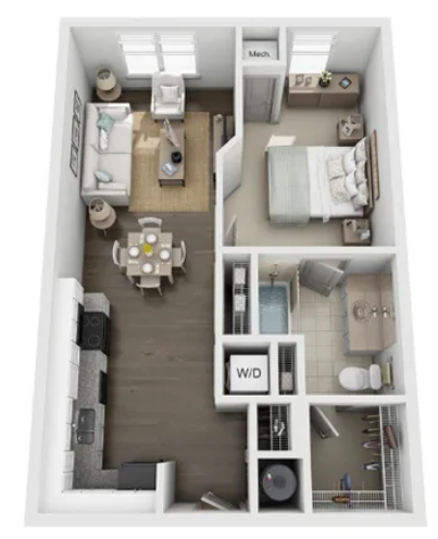 a bedroom with a bed a mirror and a sink