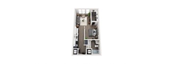 A top down view of a small apartment with a kitchen, living room, and bathroom.