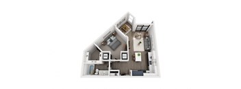 A 3D rendered image of a house layout.