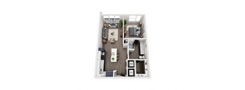 A top-down view of a small apartment with a kitchen, living room, and bathroom.