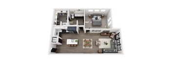 A top-down view of a well-furnished living room, kitchen, and bedroom.