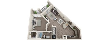 A 3D floor plan of a house showing a living room, kitchen, and bathroom.