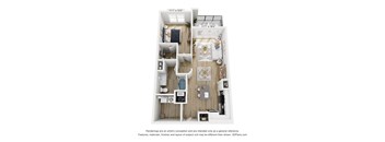 A 3D floor plan of a small apartment with a kitchen, living room, and bathroom.
