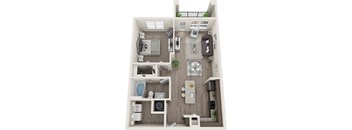 A top-down view of a small apartment with a kitchen, living room, and bathroom.