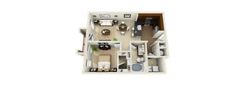 a 3d floor plan of a small apartment