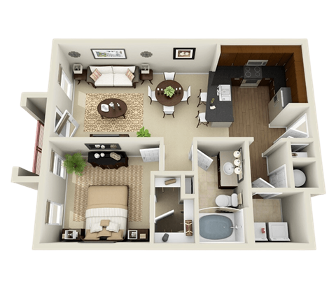 a 3d floor plan of a small apartment