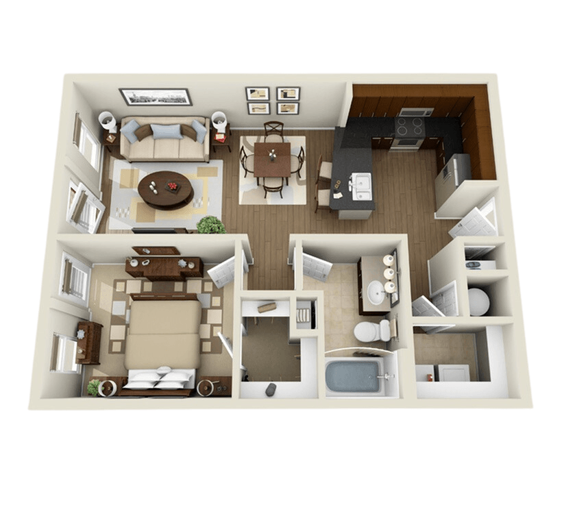 a 3d floor plan of a small apartment