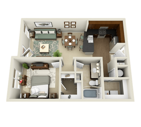a 3d floor plan of a 1 bedroom apartment