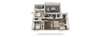 A 3D floor plan of a small apartment with a car parked in the garage.