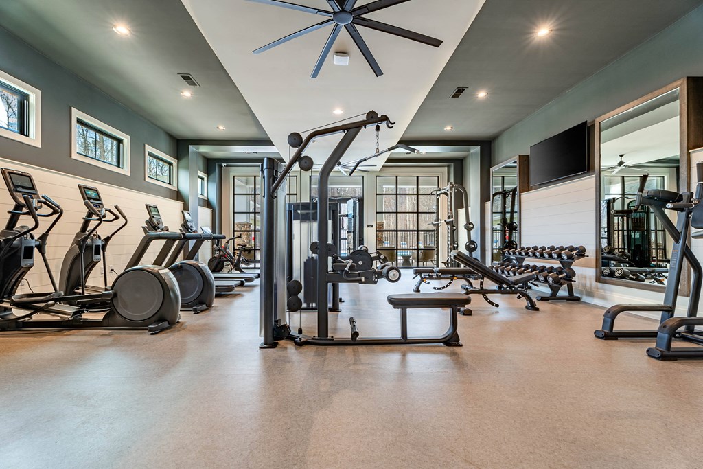 A spacious gym with a variety of equipment including treadmills, weights, and a bench.