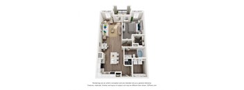 A 3D floor plan of a small apartment with a kitchen, living room, and bathroom.