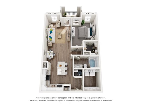 A 3D floor plan of a small apartment with a kitchen, living room, and bathroom.