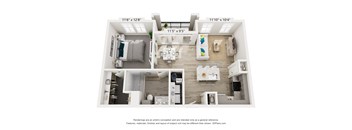 A floor plan of a two-bedroom apartment with a living room, kitchen, and bathroom.
