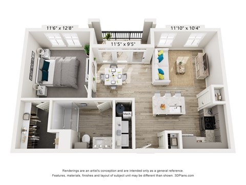 A floor plan of a two-bedroom apartment with a living room, kitchen, and bathroom.