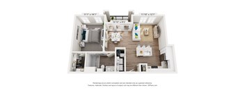 A 3D floor plan of a house with a kitchen, living room, and two bedrooms.