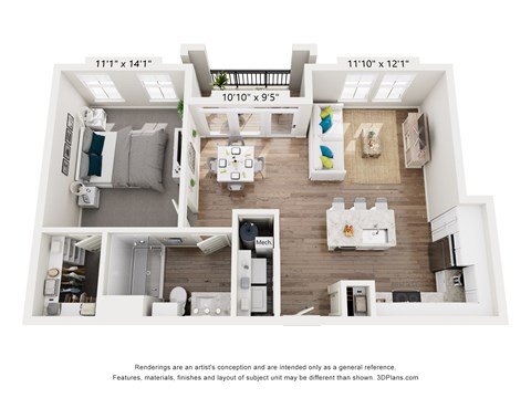 A 3D floor plan of a house with a kitchen, living room, and two bedrooms.