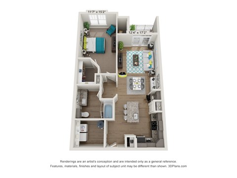 A 117" x 152" floor plan of a studio apartment with a kitchenette, living room, and bedroom.