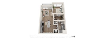 A floor plan of a small apartment with a kitchen, living room, and bedroom.