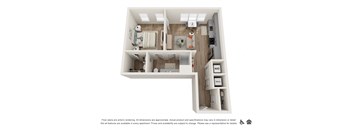 A 3D floor plan of a small apartment with a kitchen, living room, and bathroom.